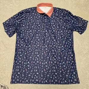 Smith & Quinn Mens Golf Shirt Blue Golf Cart Print Stretch Performance Sz L‎